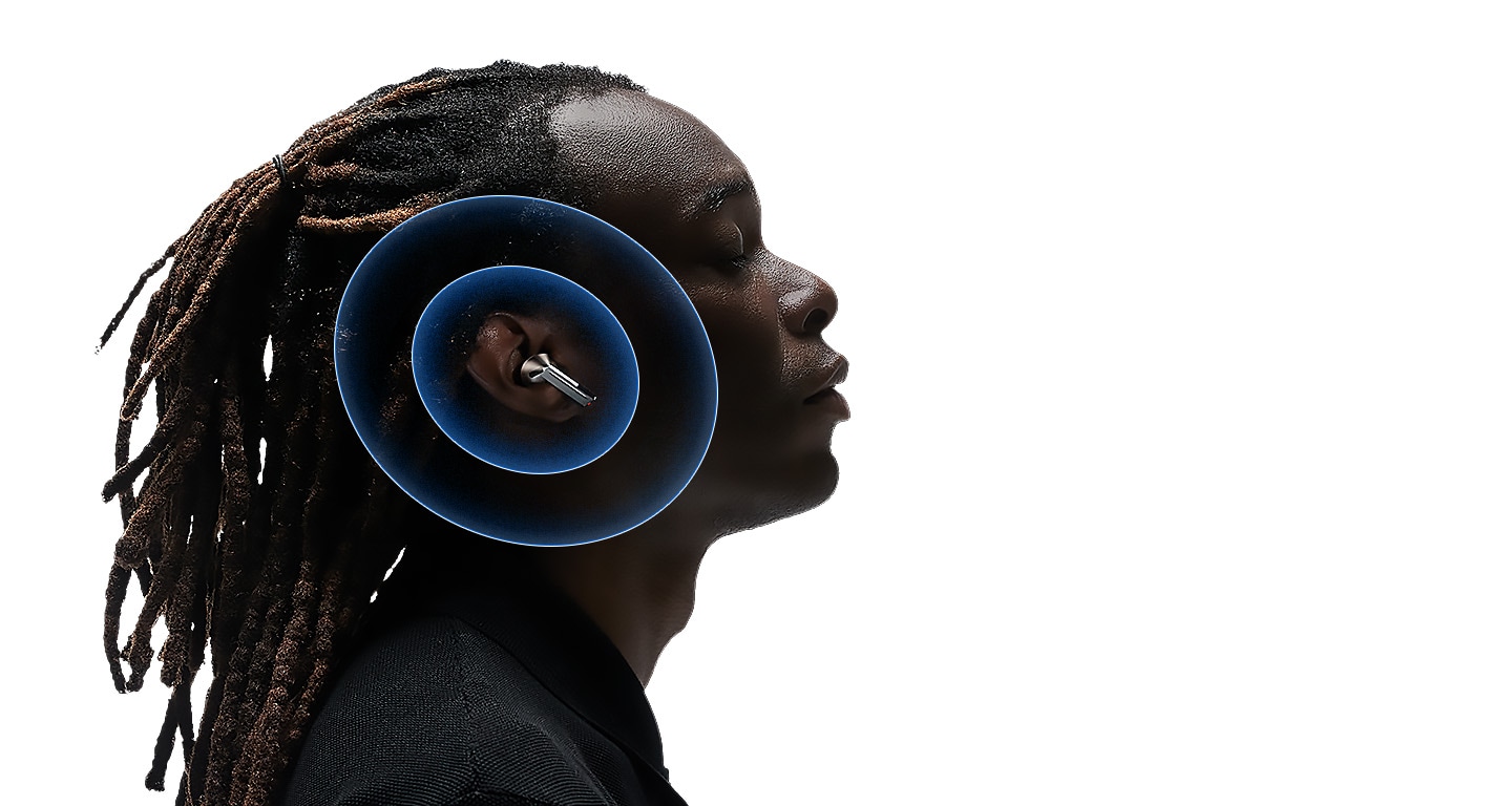 Un hombre usando los Galaxy Buds3 Pro en White con un ligero efecto pixelado sobre la oreja.