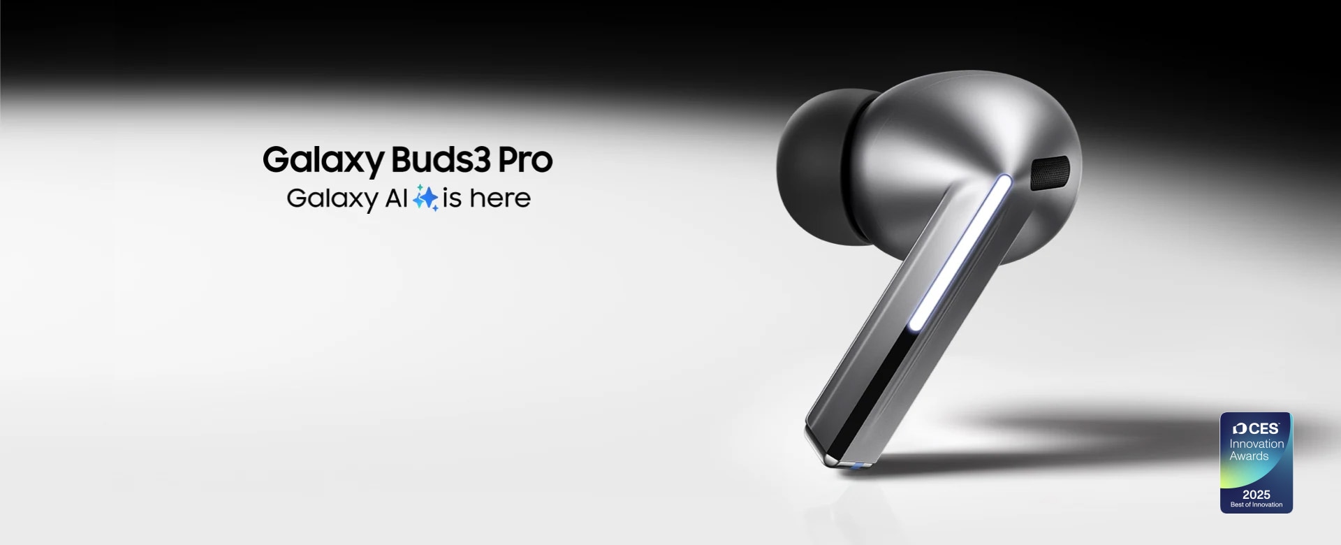 A single, silver colored Galaxy Buds3 Pro earbud