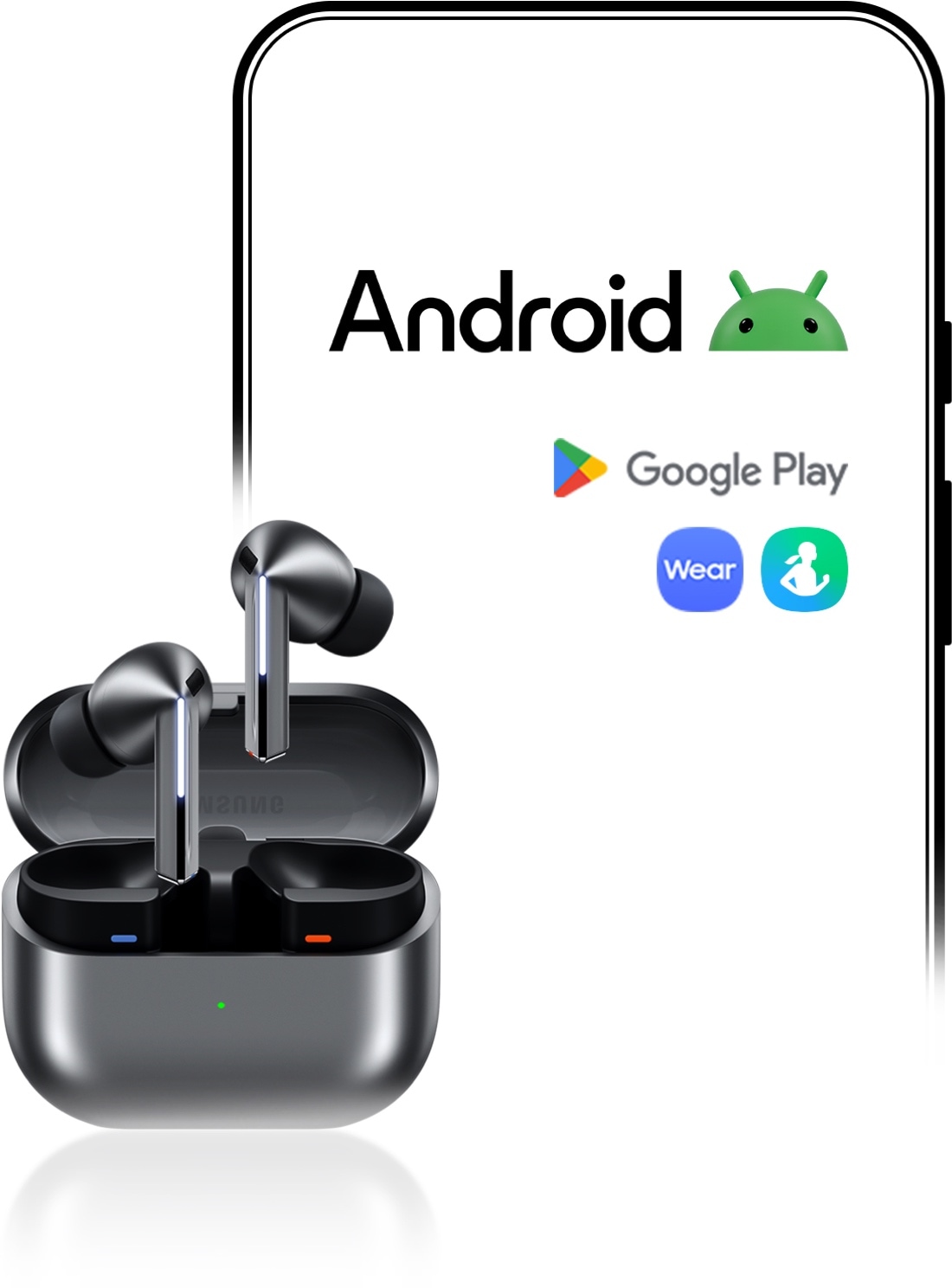 In the back is an Android smartphone with the Android logo, Google Play logo and icons of Galaxy Wearable and Samsung Health apps. In the front is Galaxy Buds3 Pro.