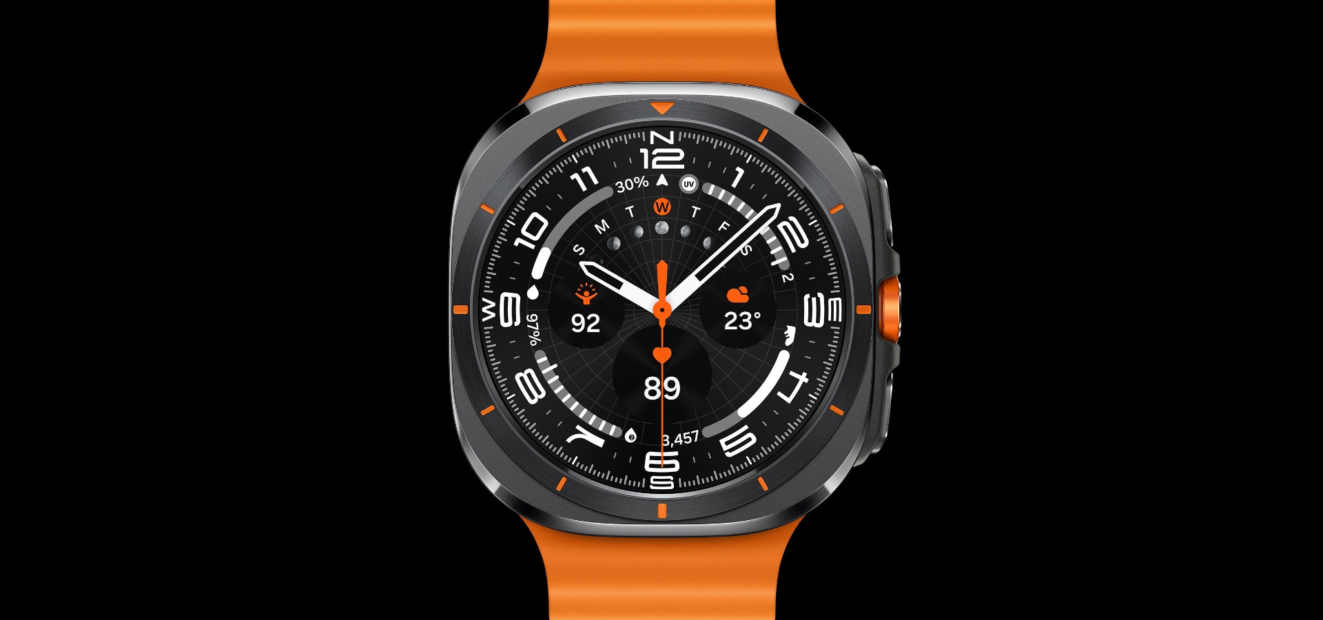 A Samsung Galaxy Watch Ultra facing forward.