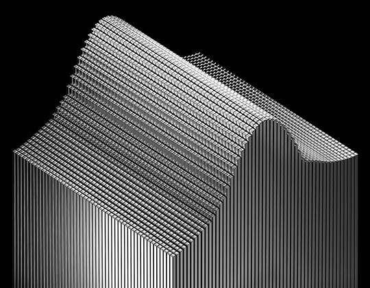 A smooth 3D bell curve formed with smaller, silver-coloured, cubic columns.